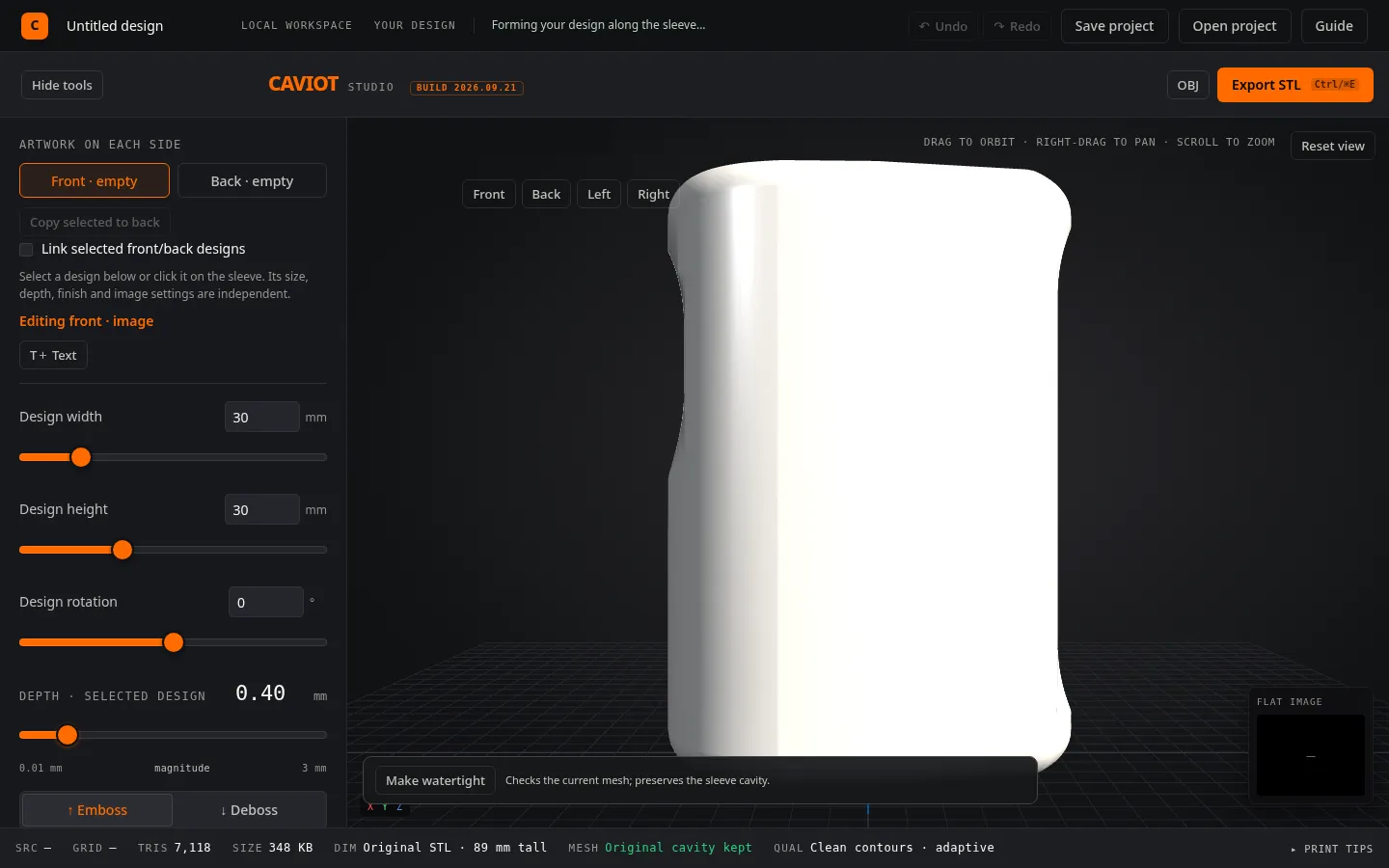 Caviot Studio on desktop: sleeve preview with design, depth and emboss controls